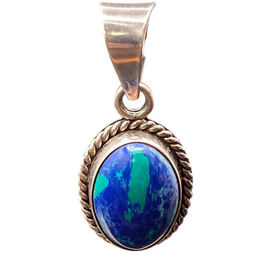Vintage Mexico Sterling Silver Azurite Malachite Oval Rope Border Pendant 925